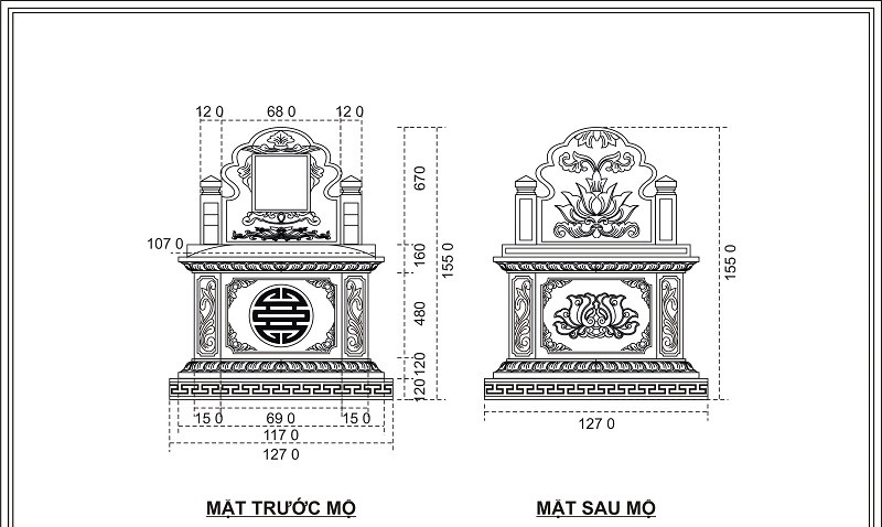 Thiết kế mộ tròn chuẩn phong thuỷ hình 2 Bản thiết kế mộ đá tròn 2D chi tiết